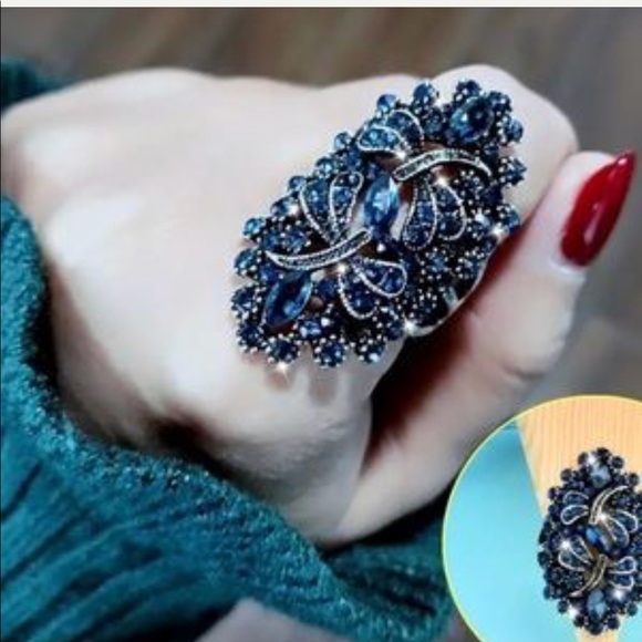 Jewelry - Vintage Big Hollow Blue Rhinestone Dragonfly Ring